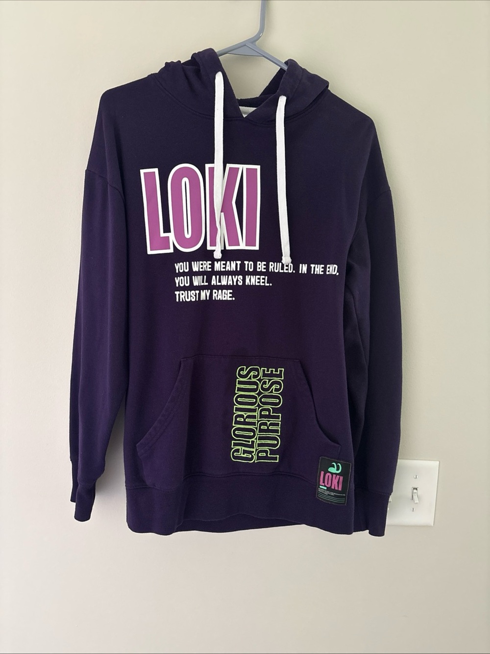 LOKI Purple Graphic Hoodie with White Drawstrings